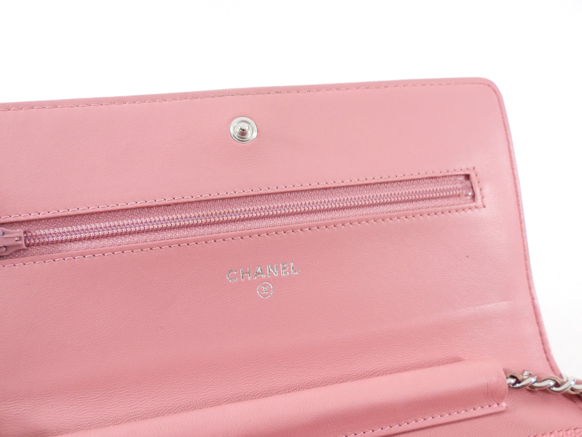 Chanel Light Pink Camelia Embossed Classic Wallet on Chain Bag