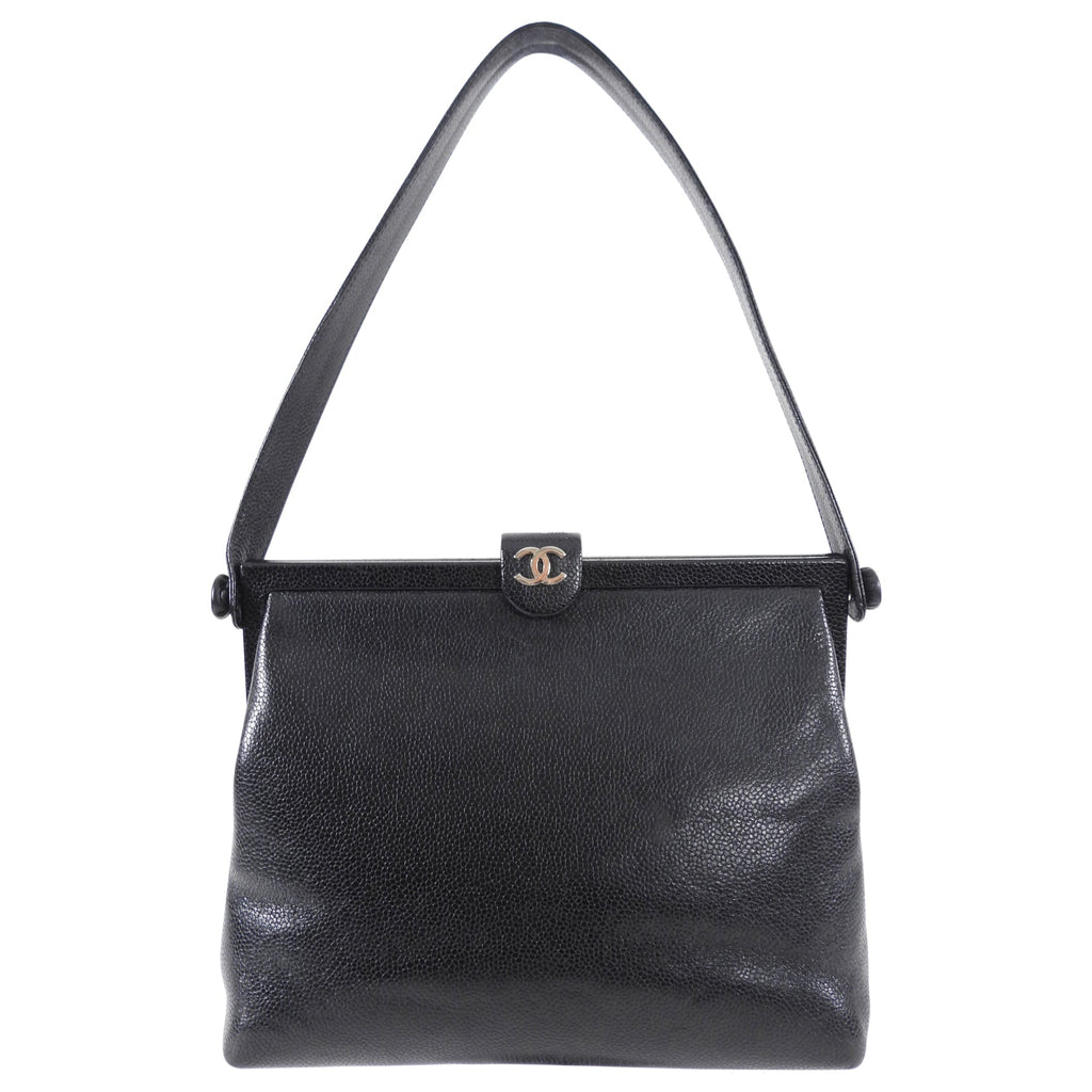 Chanel 1997 Vintage Black Caviar Frame Top Handle Bag