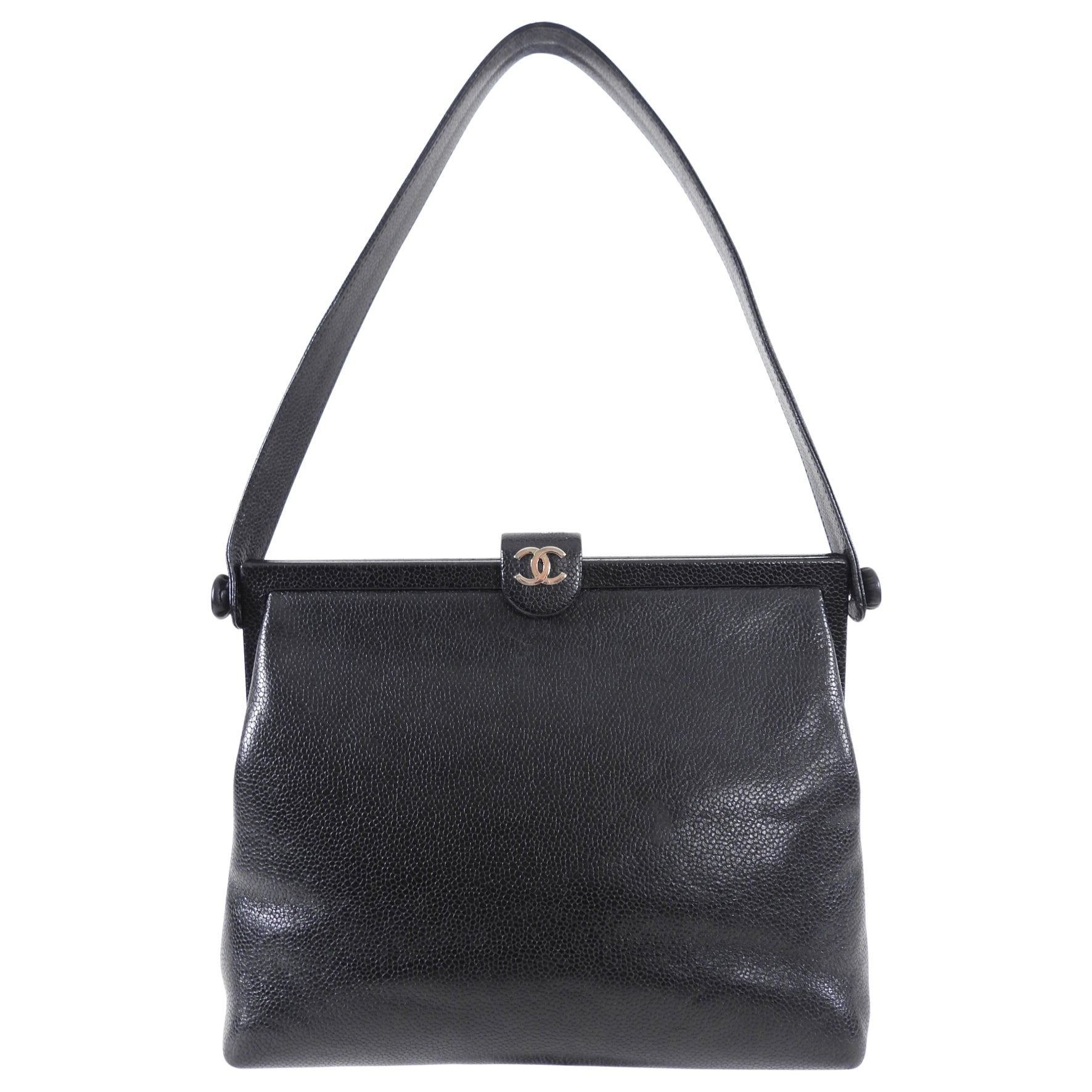 Chanel 1997 Vintage Black Caviar Frame Top Handle Bag