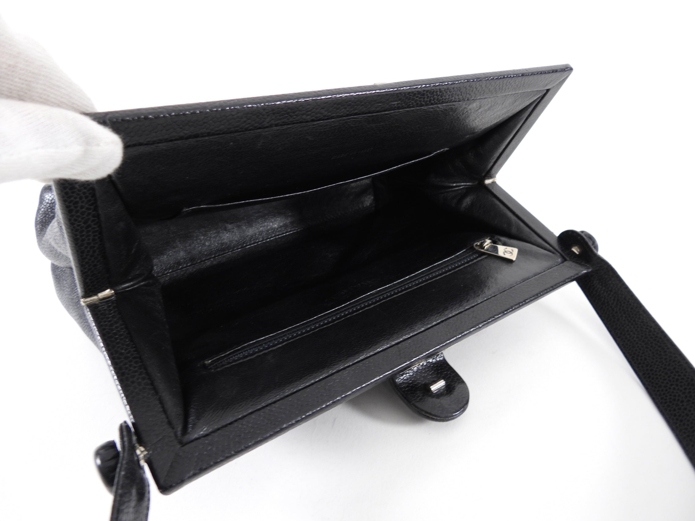 Chanel 1997 Vintage Black Caviar Frame Top Handle Bag