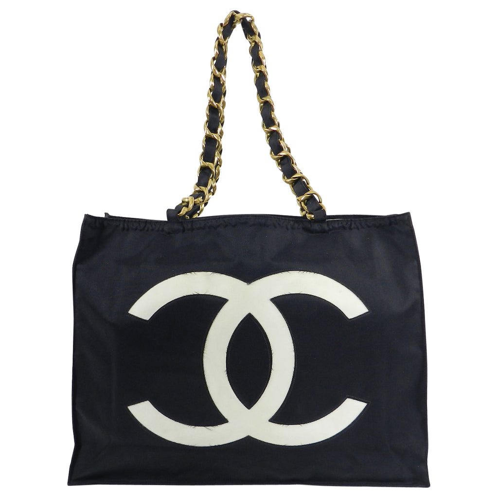Chanel Vintage 1991 Black Nylon CC Logo Tote Bag with Gold Chain Straps