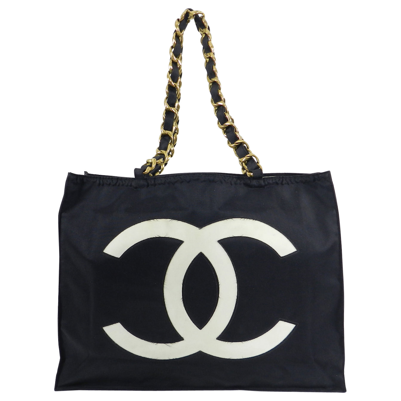 Chanel Vintage 1991 Black Nylon CC Logo Tote Bag with Gold Chain Straps