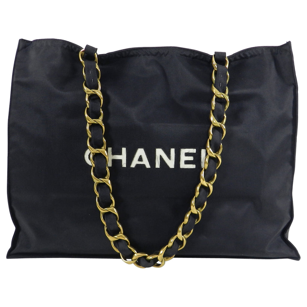 Chanel Vintage 1991 Black Nylon CC Logo Tote Bag with Gold Chain Straps
