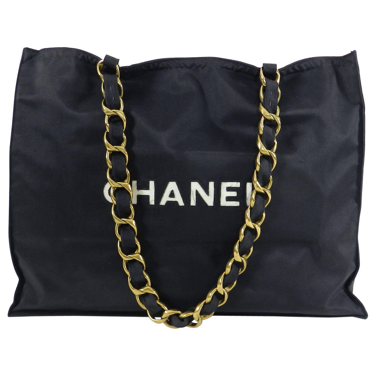 Chanel Vintage 1991 Black Nylon CC Logo Tote Bag with Gold Chain Straps