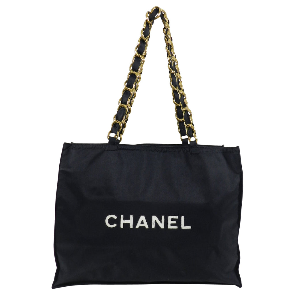 Chanel Vintage 1991 Black Nylon CC Logo Tote Bag with Gold Chain Straps