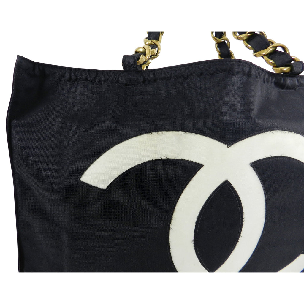 Chanel Vintage 1991 Black Nylon CC Logo Tote Bag with Gold Chain Straps