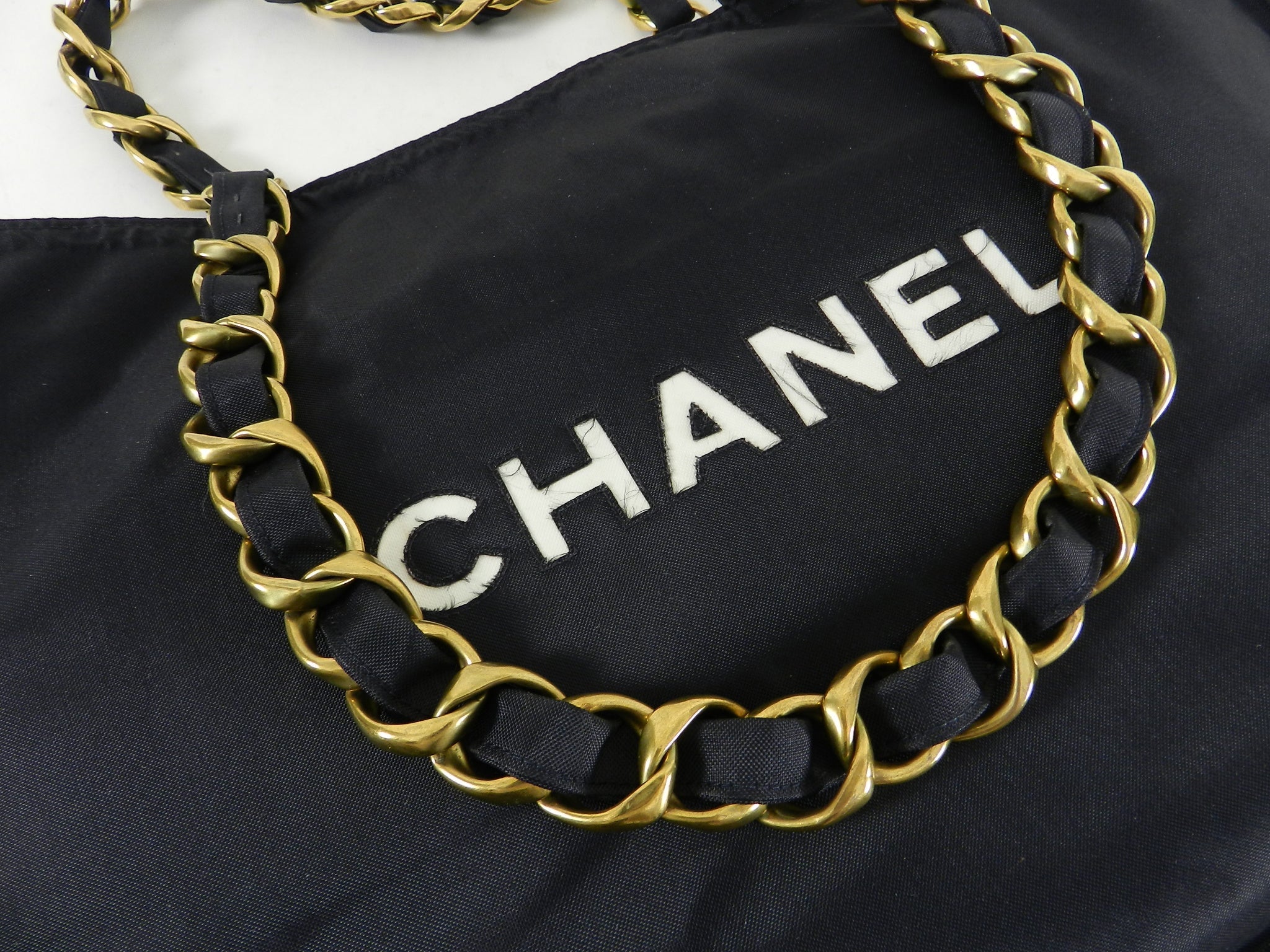Chanel Vintage 1991 Black Nylon CC Logo Tote Bag with Gold Chain Straps