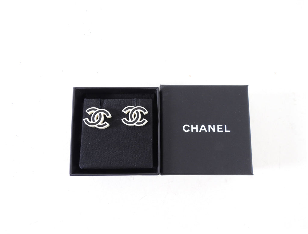 Chanel 22S Black and Ivory Resin CC Stud Earrings