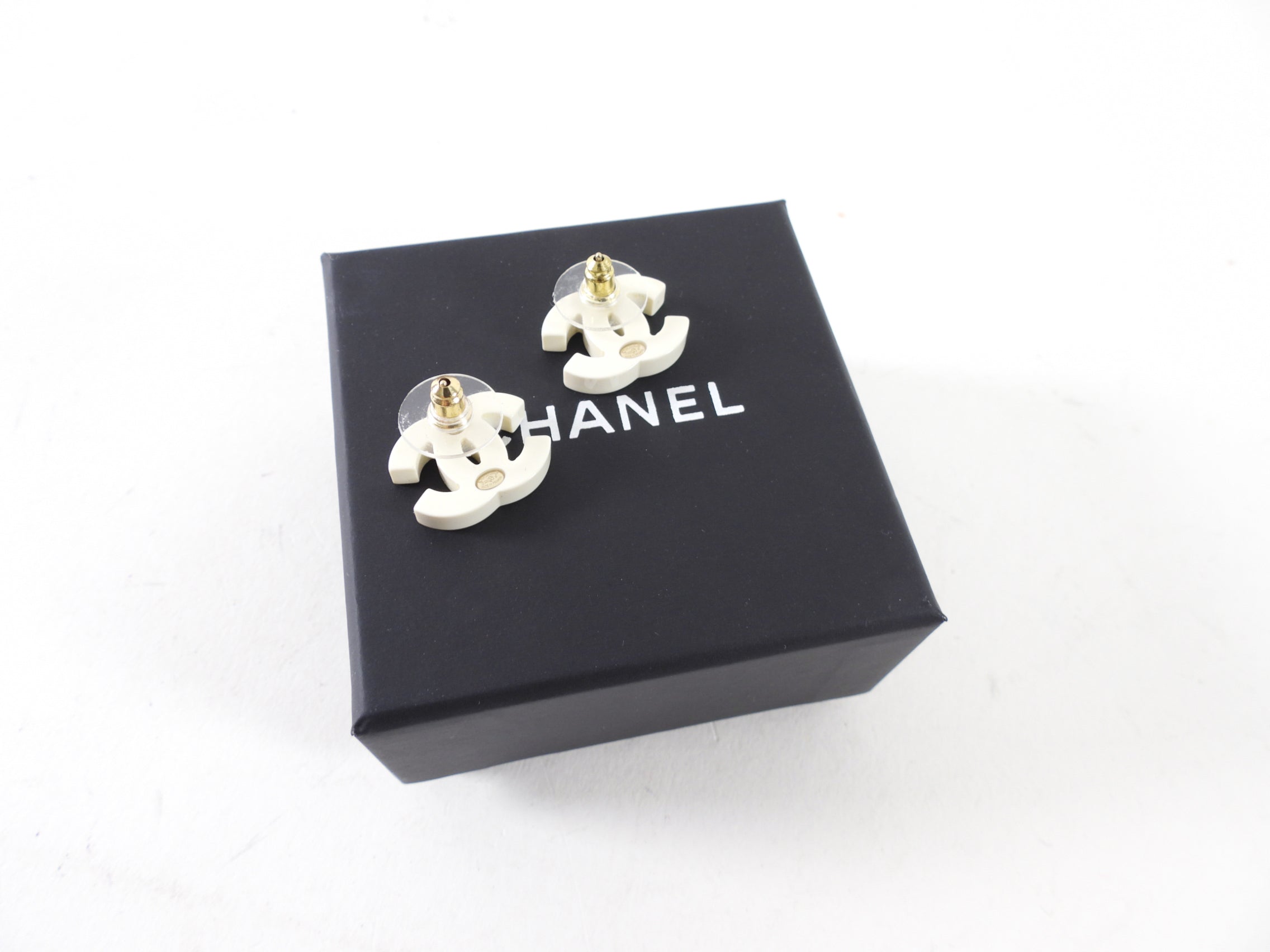 Chanel 22S Black and Ivory Resin CC Stud Earrings