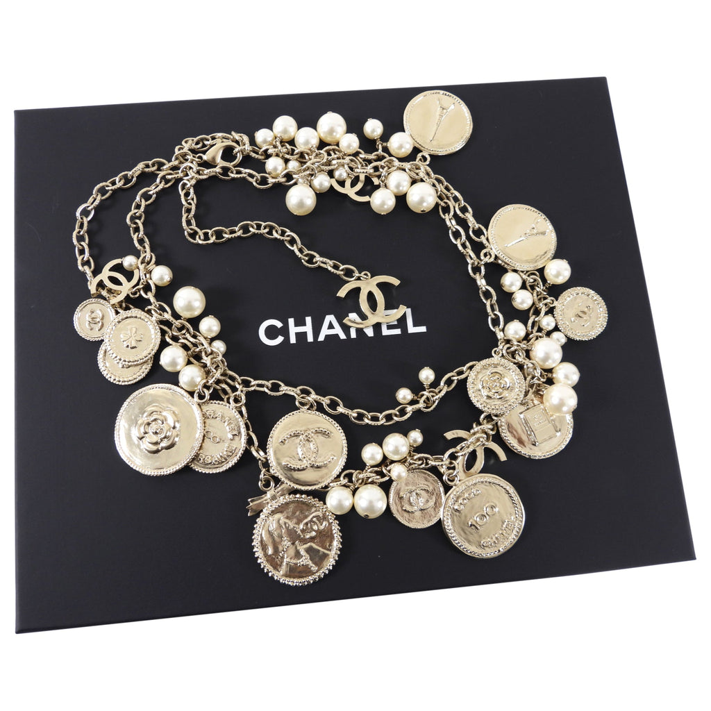 Chanel 14P 100th Anniversary Gold Coin Pearl Long Necklace