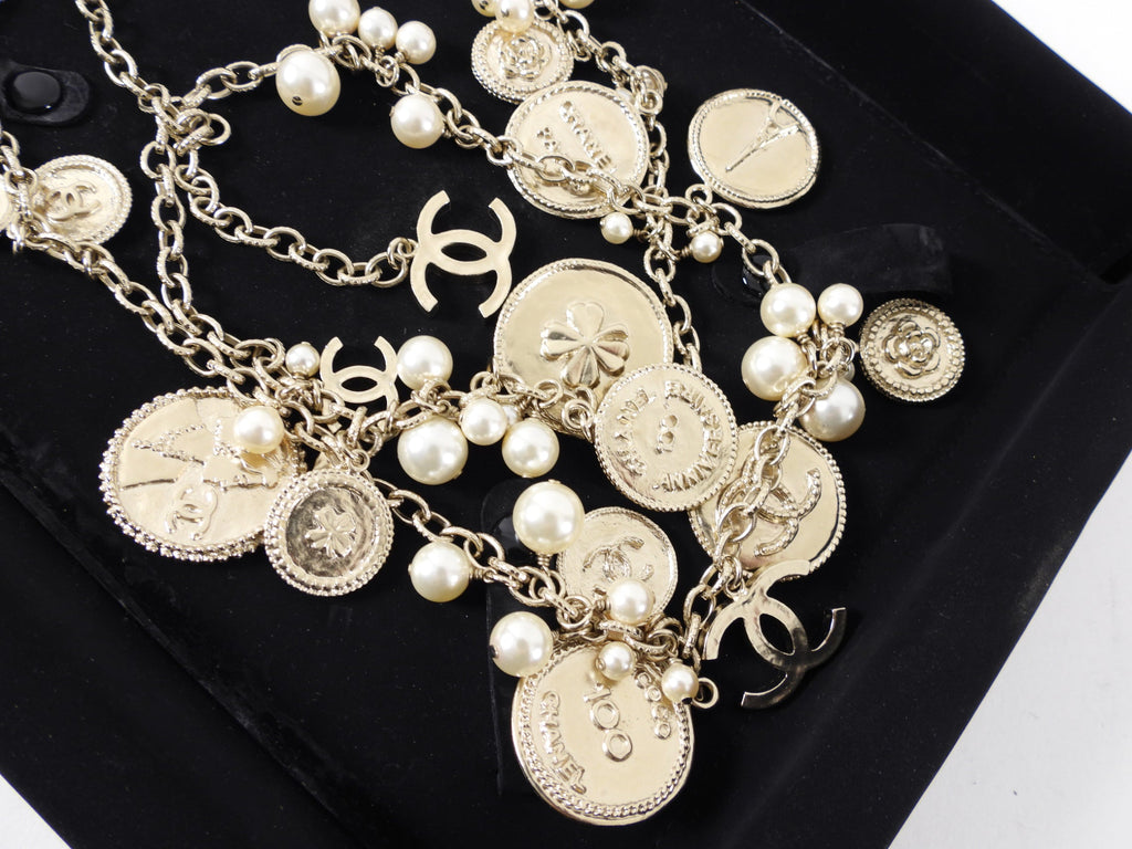 Chanel 14P 100th Anniversary Gold Coin Pearl Long Necklace
