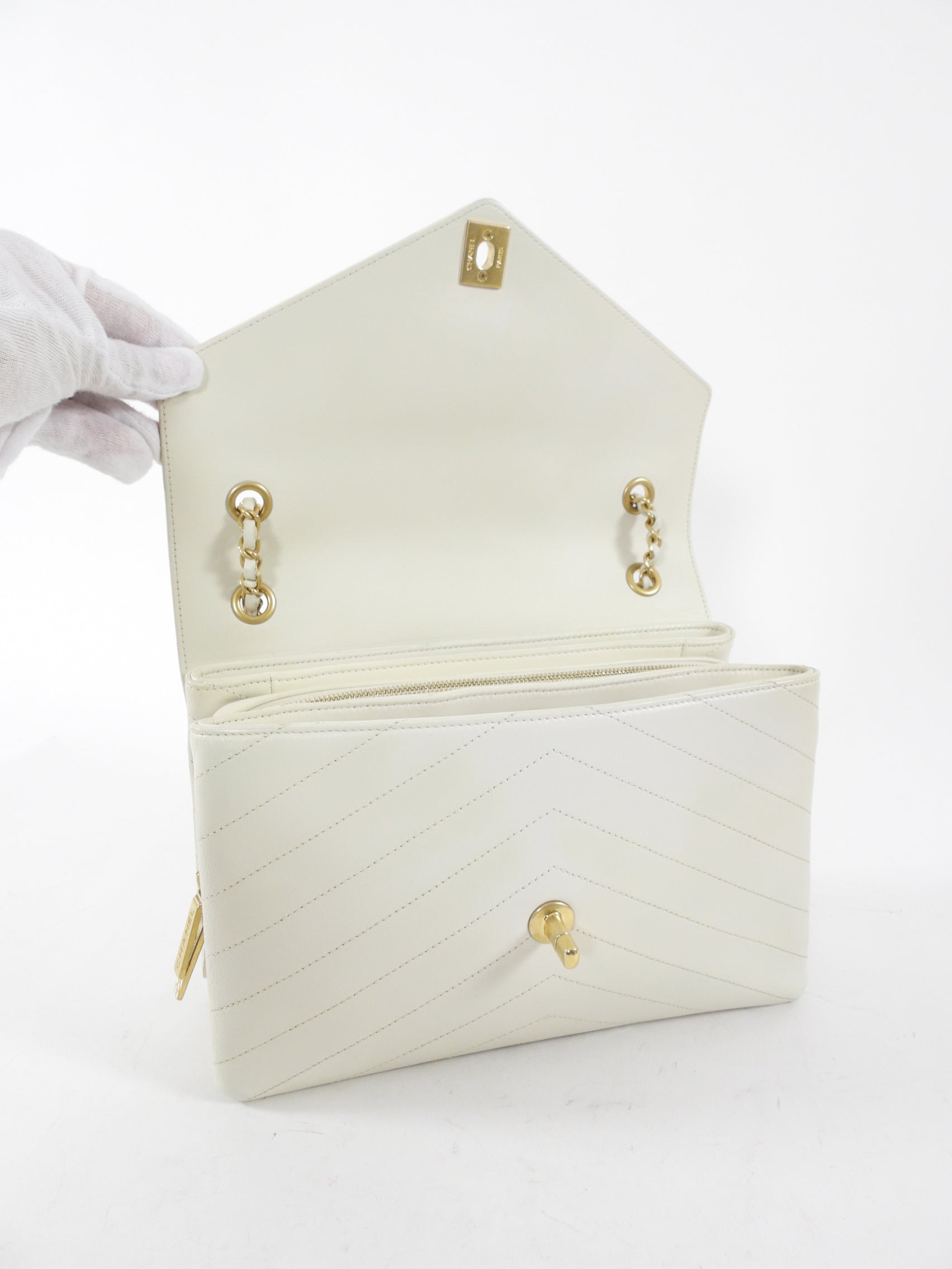 Chanel Ivory Chevron Stitch Compartment Medium Flap Bag