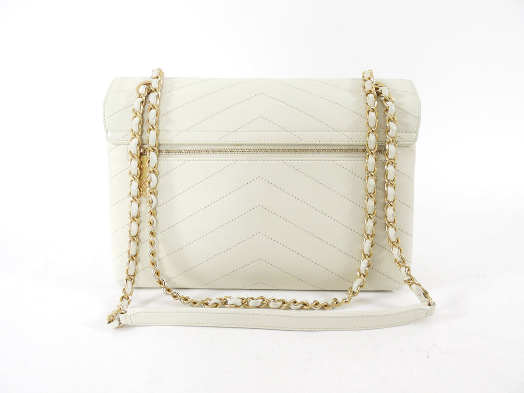 Chanel Ivory Chevron Stitch Compartment Medium Flap Bag