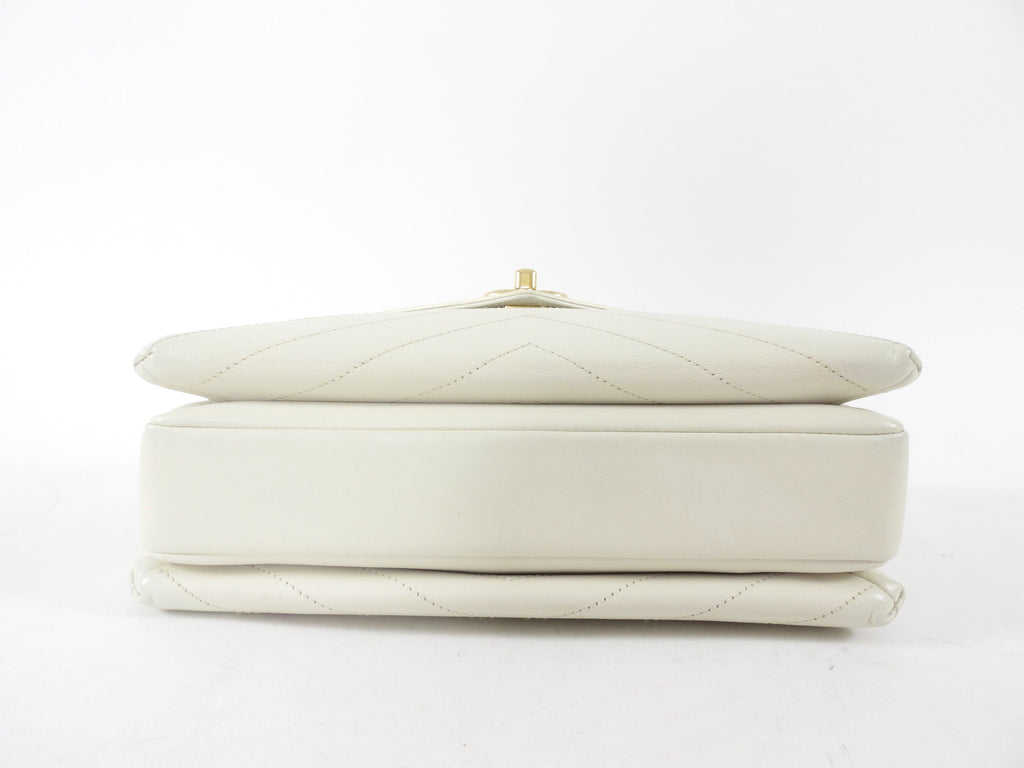 Chanel Ivory Chevron Stitch Compartment Medium Flap Bag