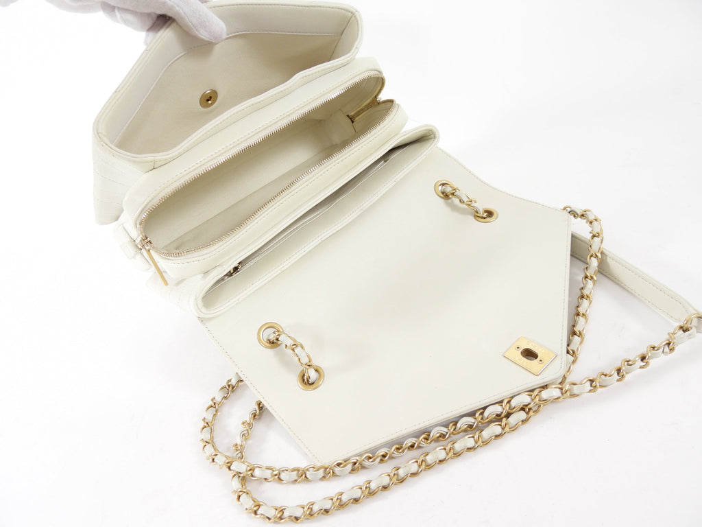 Chanel Ivory Chevron Stitch Compartment Medium Flap Bag