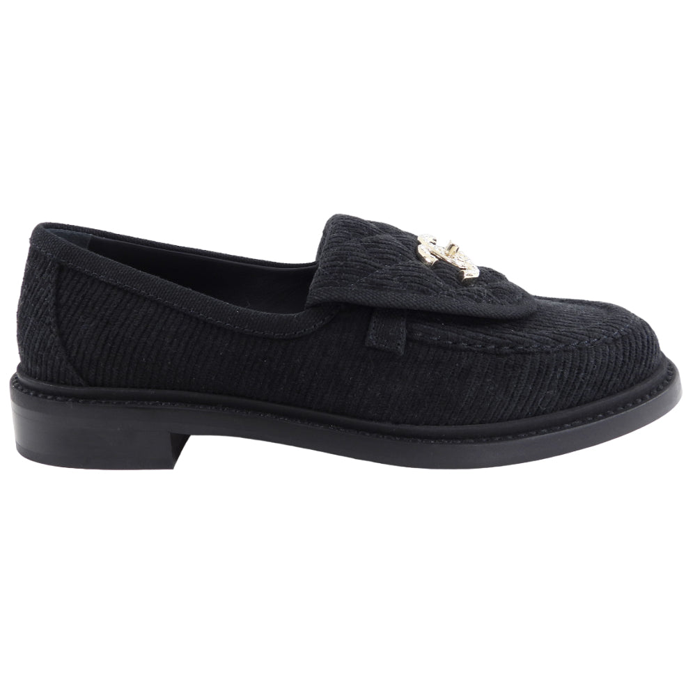 Chanel 22P Black Corduroy Quilted Crystal CC Turnlock Loafers - 37