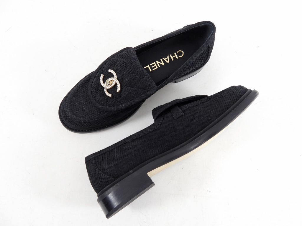Chanel 22P Black Corduroy Quilted Crystal CC Turnlock Loafers - 37