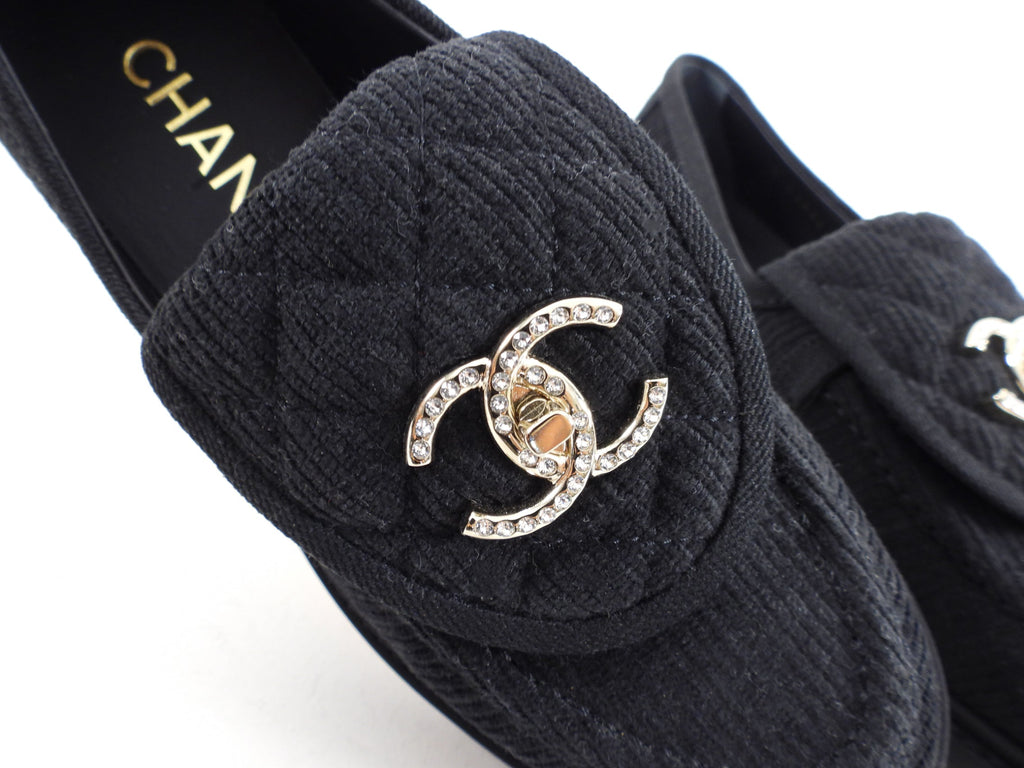 Chanel 22P Black Corduroy Quilted Crystal CC Turnlock Loafers - 37