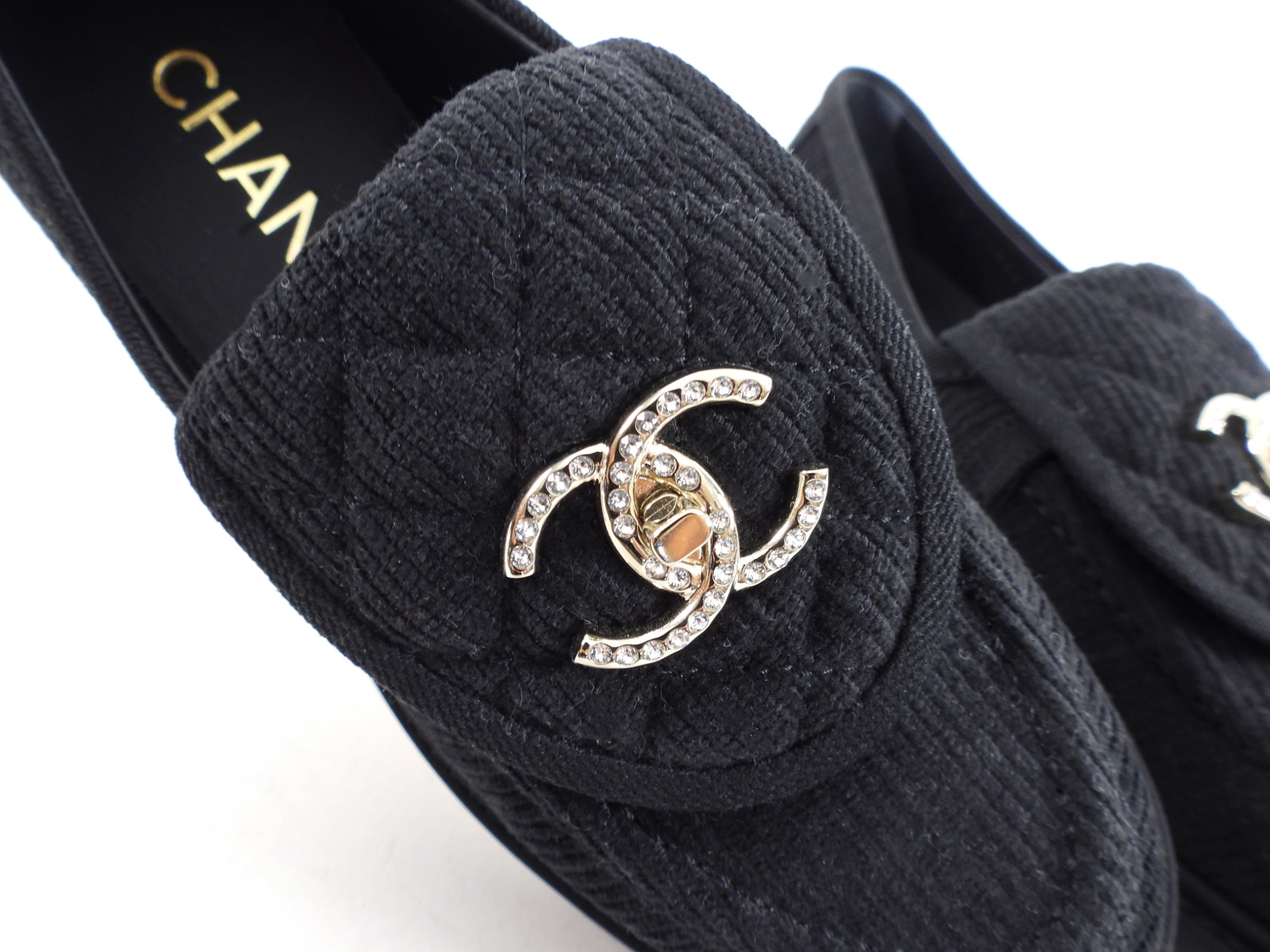 Chanel 22P Black Corduroy Quilted Crystal CC Turnlock Loafers - 37
