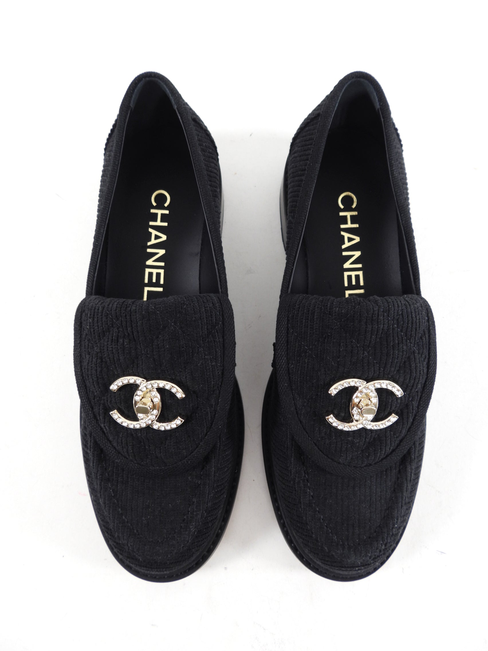 Chanel 22P Black Corduroy Quilted Crystal CC Turnlock Loafers - 37