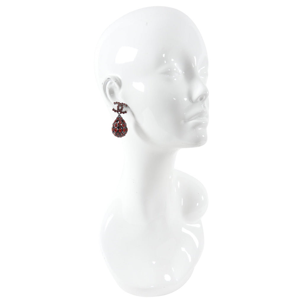 Chanel 20S Red Strass Tear Drop CC Earrings