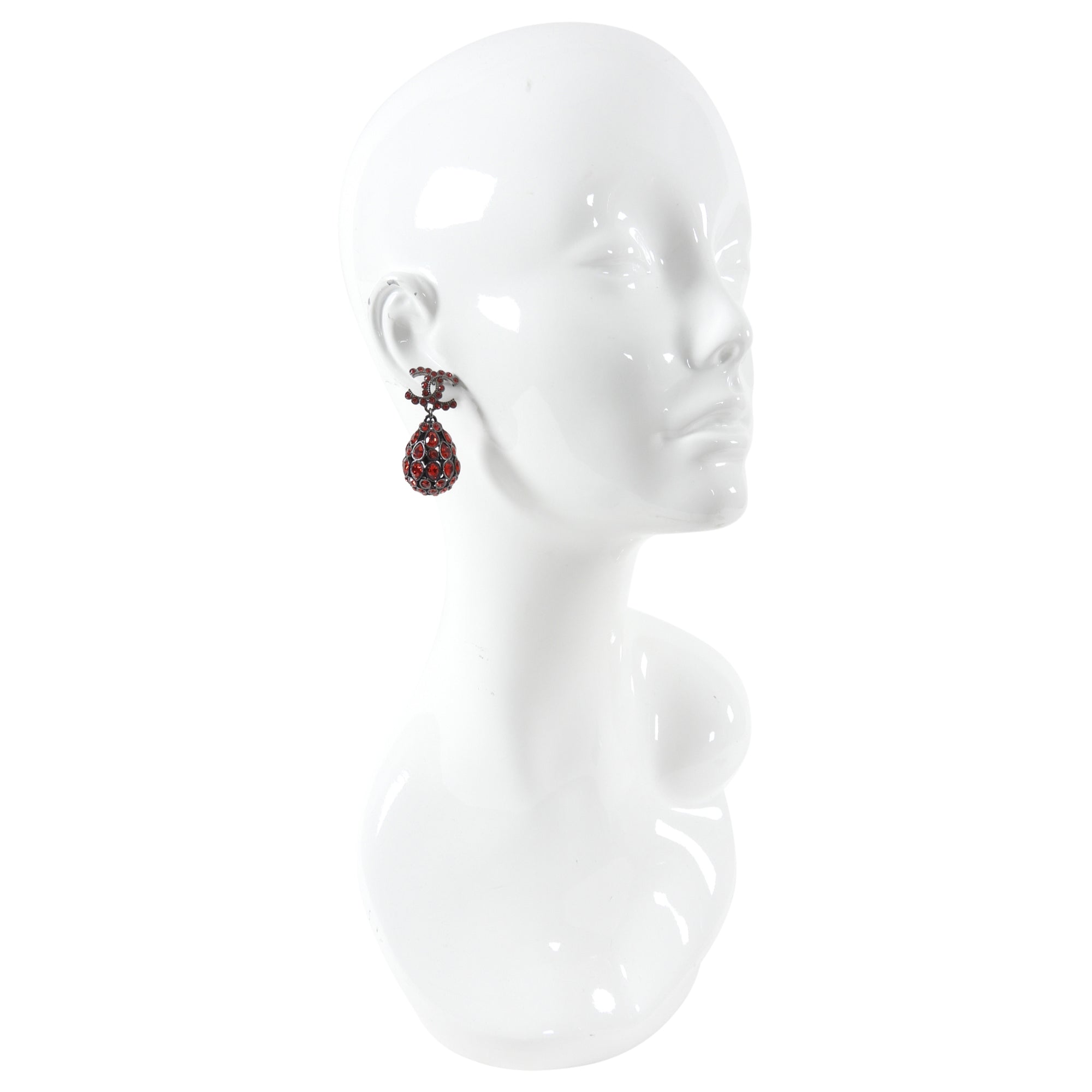Chanel 20S Red Strass Tear Drop CC Earrings