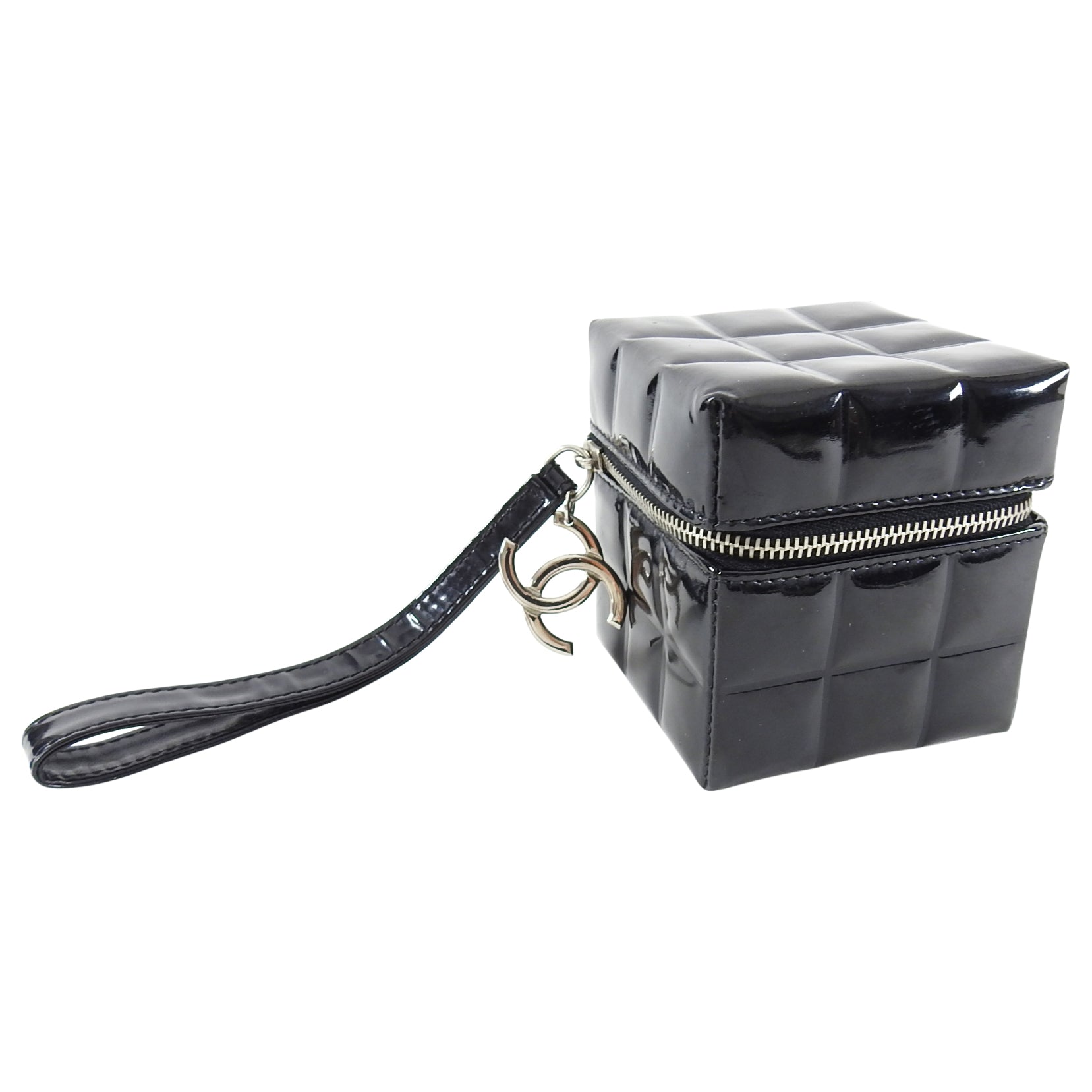 Chanel Vintage Black Patent Leather Micro Quilt Cube Wristlet Bag