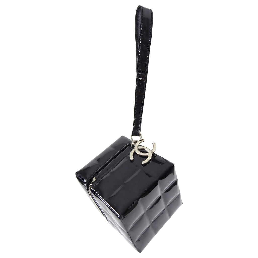 Chanel Vintage Black Patent Leather Micro Quilt Cube Wristlet Bag