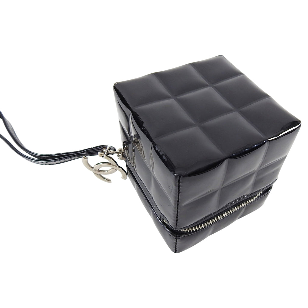 Chanel Vintage Black Patent Leather Micro Quilt Cube Wristlet Bag