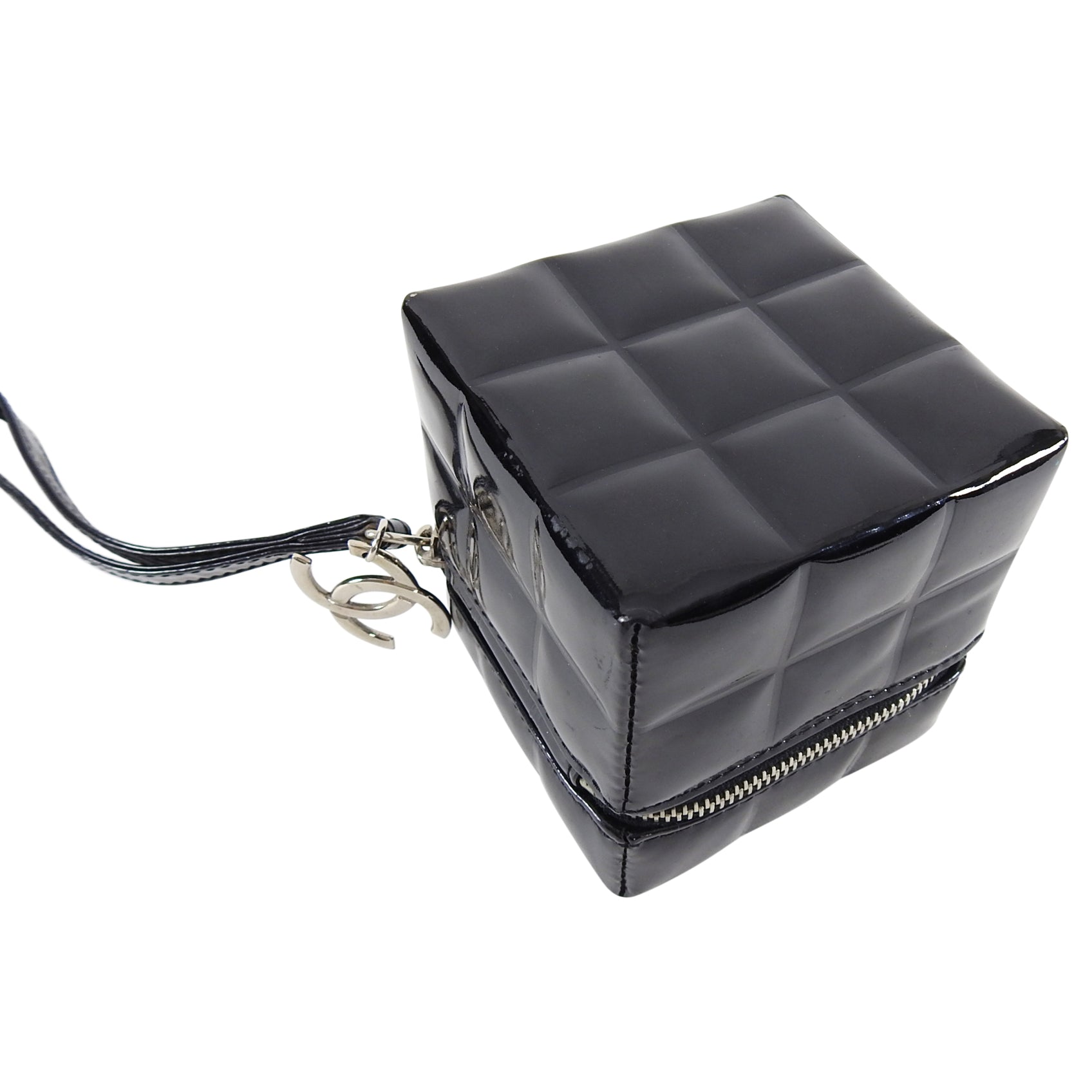 Chanel Vintage Black Patent Leather Micro Quilt Cube Wristlet Bag