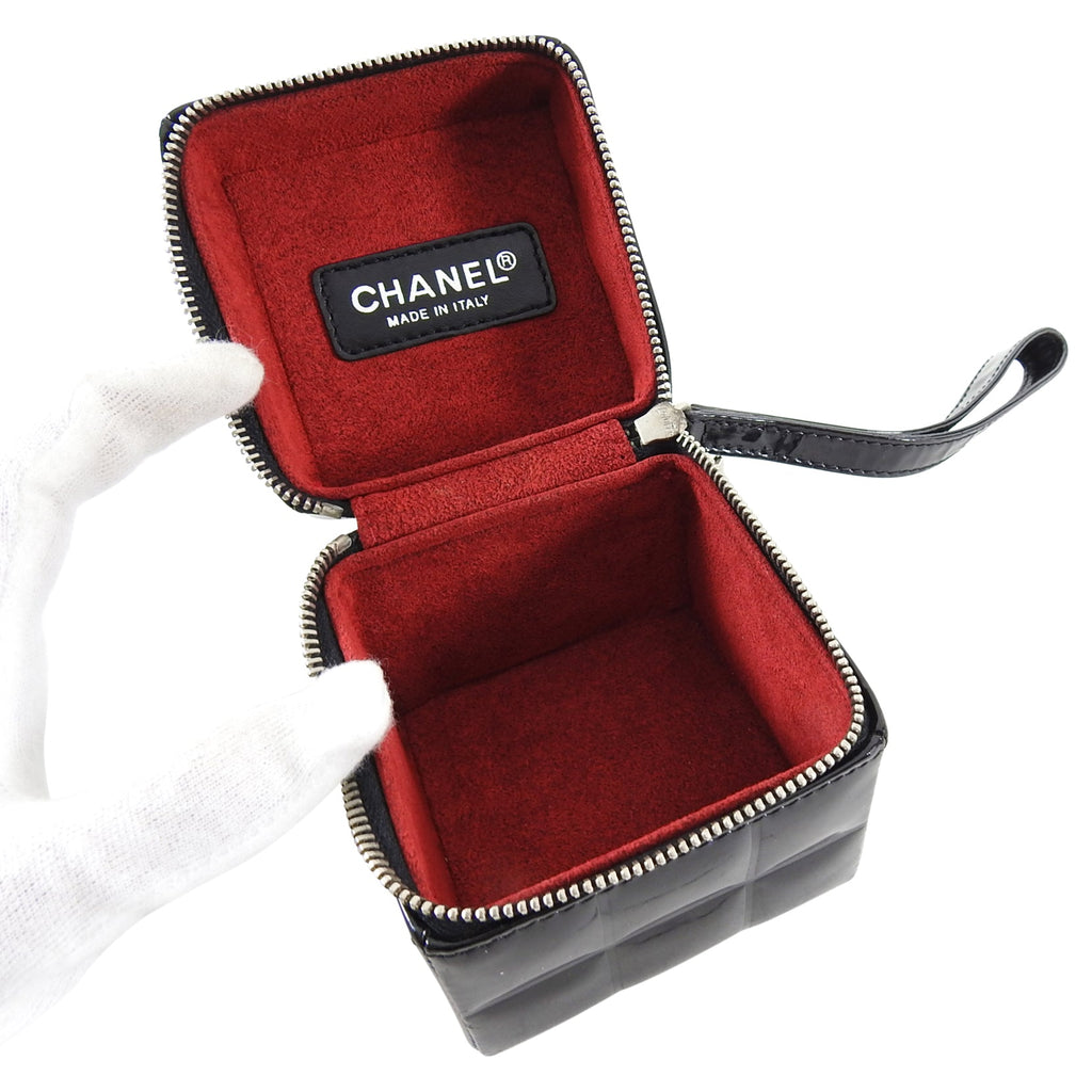 Chanel Vintage Black Patent Leather Micro Quilt Cube Wristlet Bag