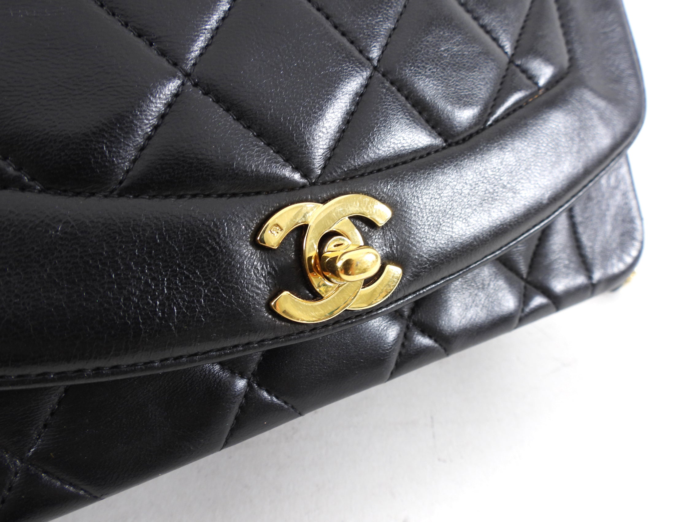 Chanel Vintage 1991 Small Black Leather Quilted Diana Flap Bag