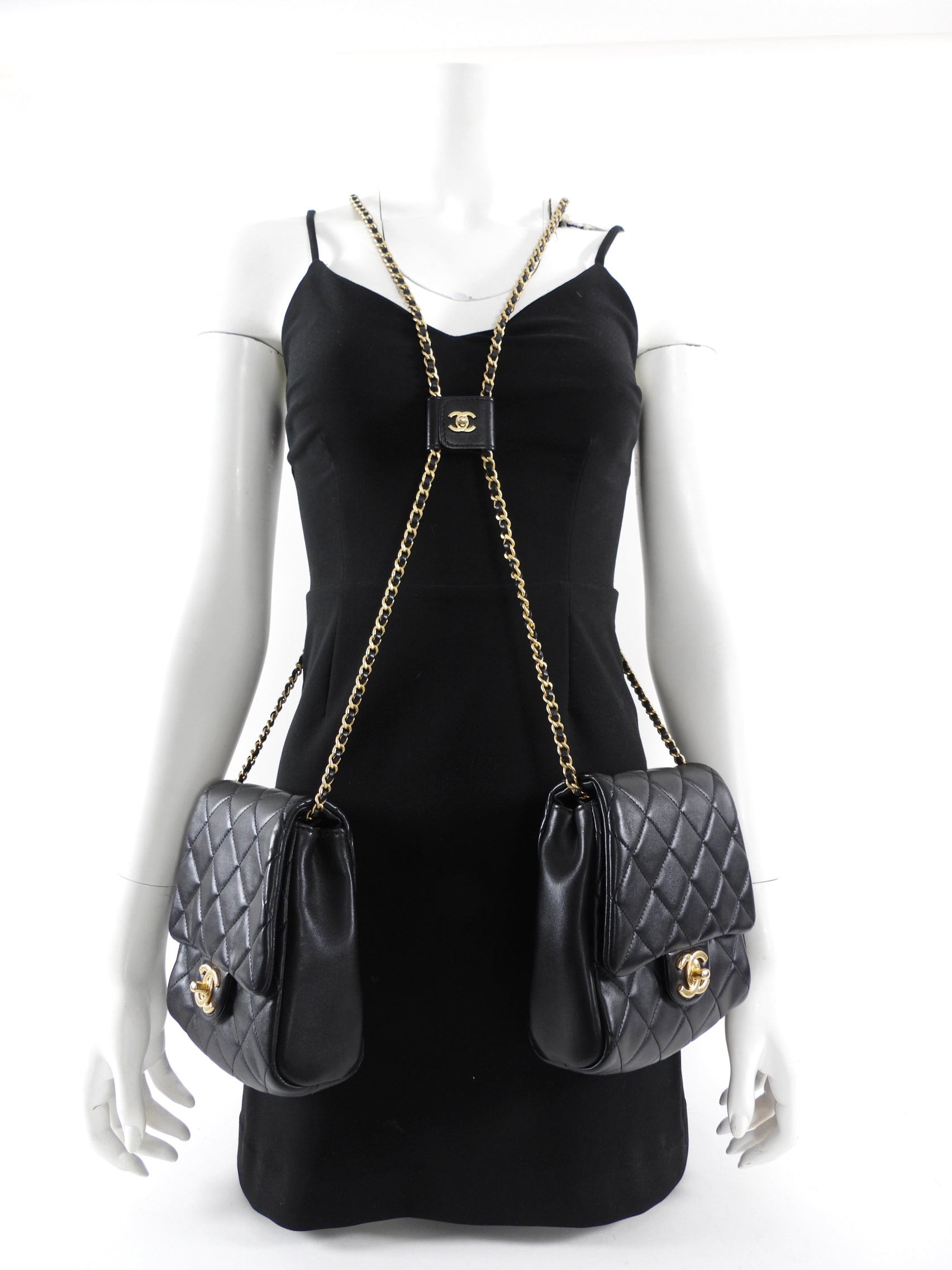 Chanel 19S Runway Black Quilted Lambskin Flap Double Side Pack Bags