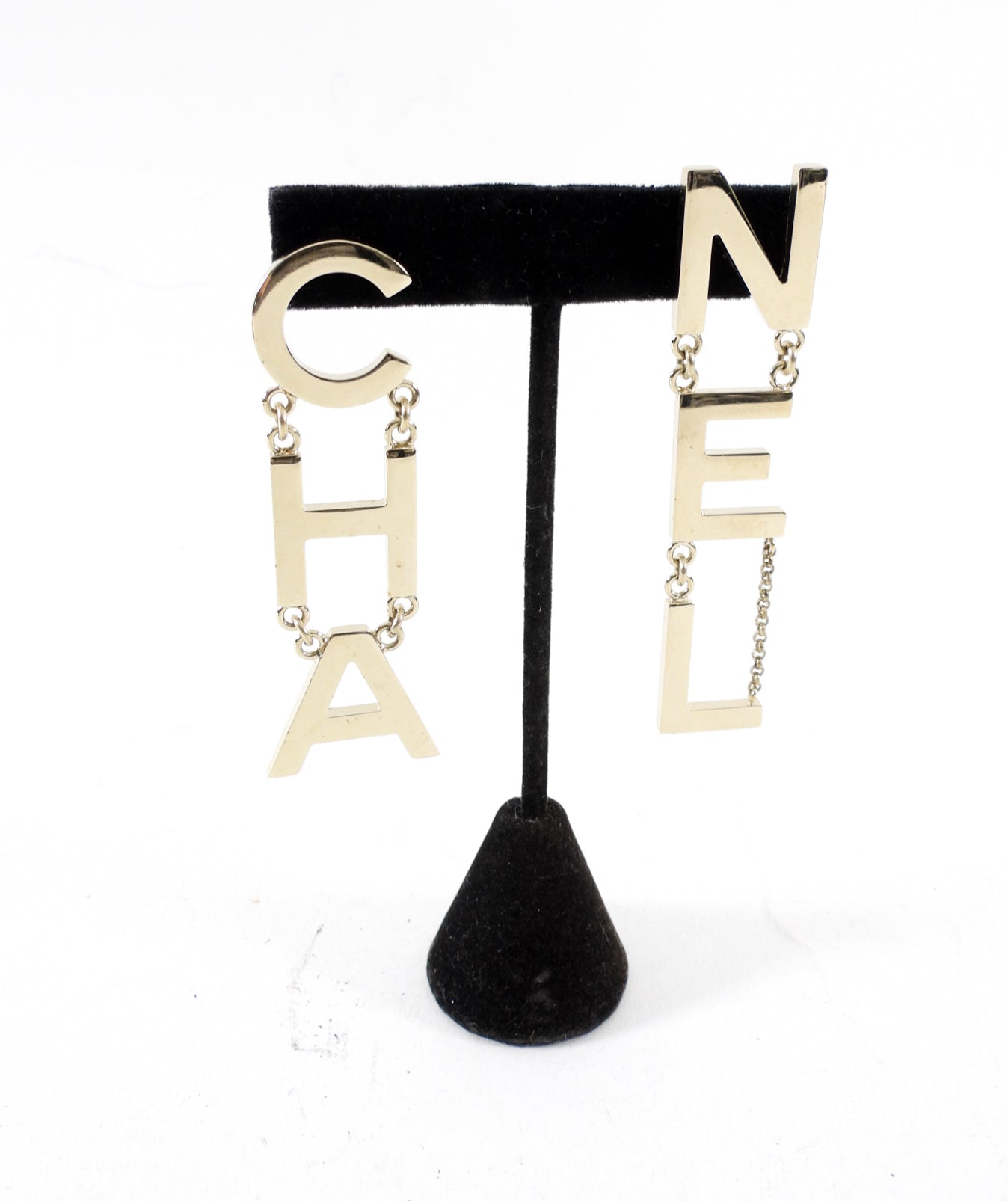 Chanel 19S Light Goldtone Spellout Logo Drop Earrings