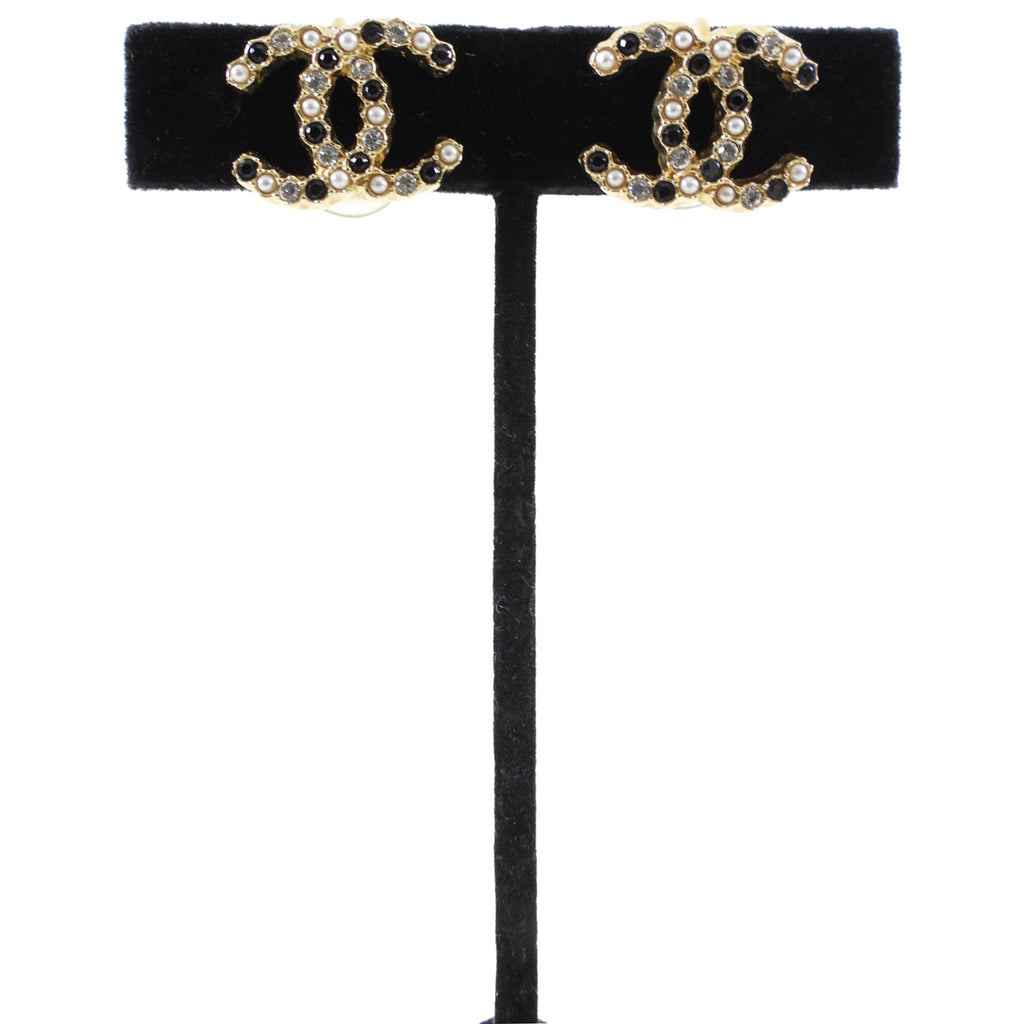 Chanel CC Goldtone Stud Pearl Crystal Clip On Earrings