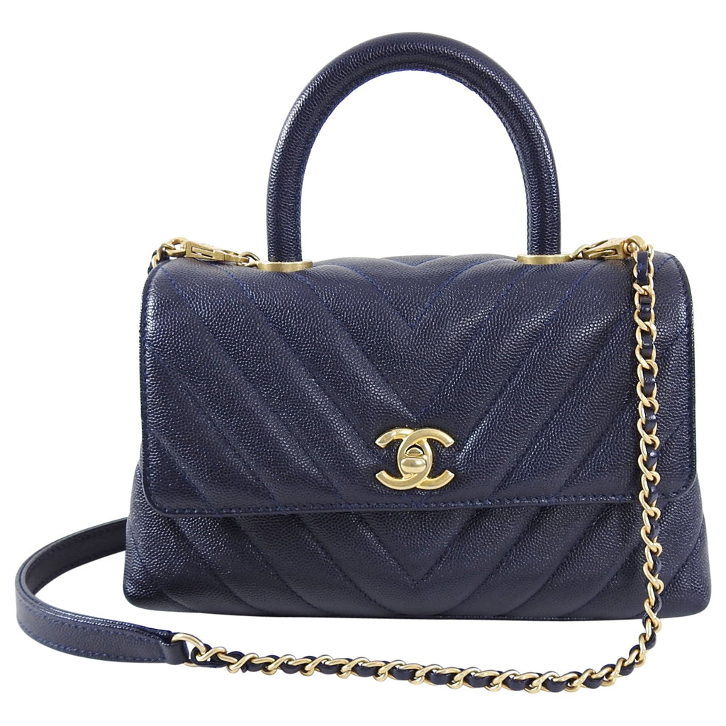 Chanel Navy Caviar Chevron Small Coco Handle Flap Bag