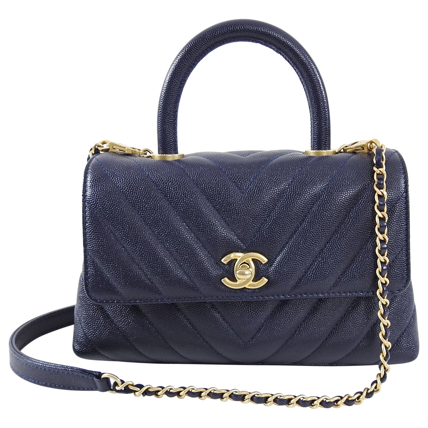 Chanel Navy Caviar Chevron Small Coco Handle Flap Bag