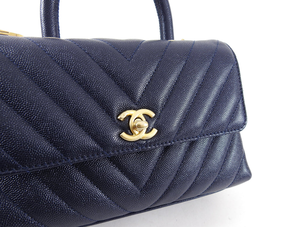 Chanel Navy Caviar Chevron Small Coco Handle Flap Bag