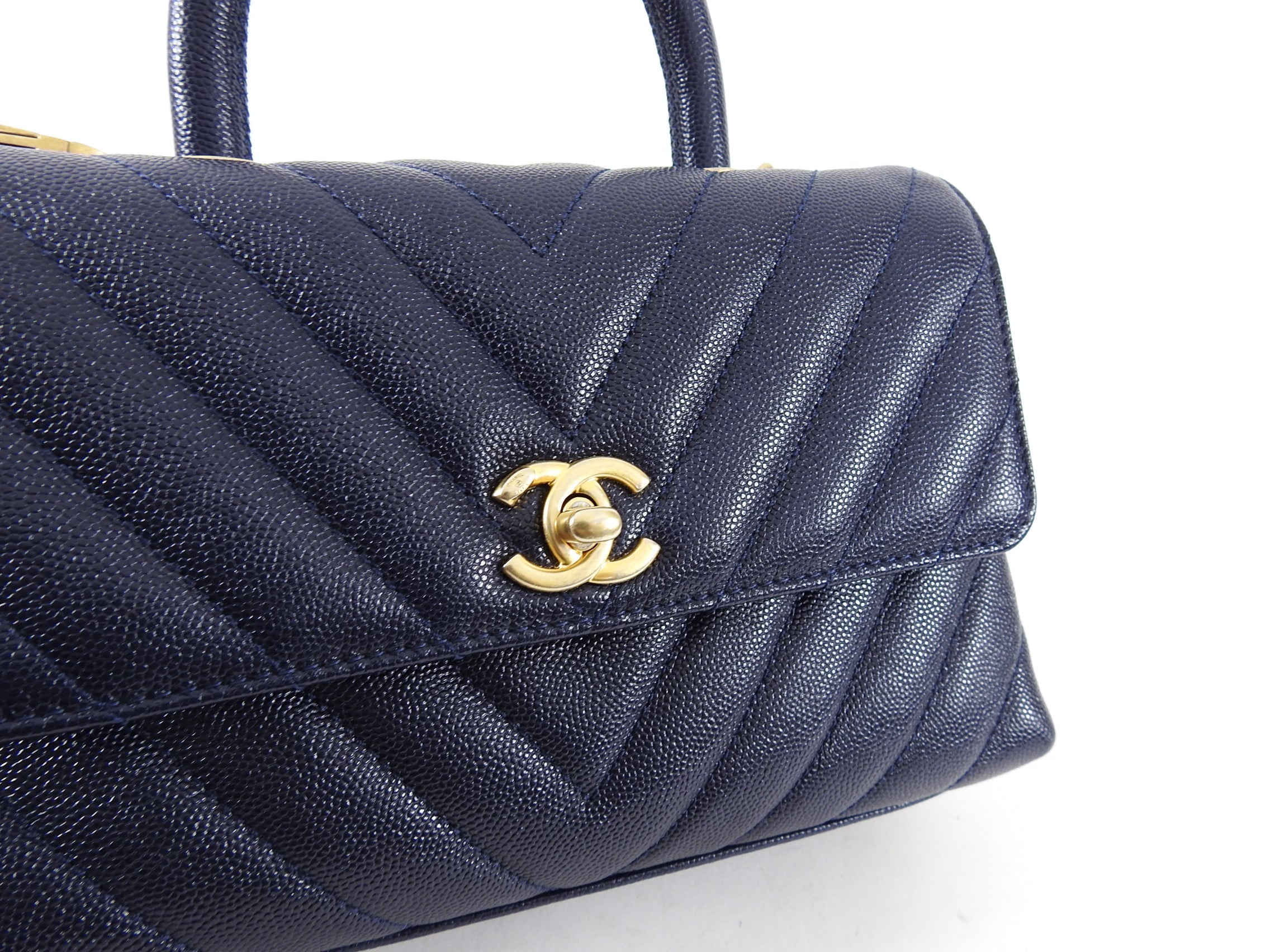 Chanel Navy Caviar Chevron Small Coco Handle Flap Bag