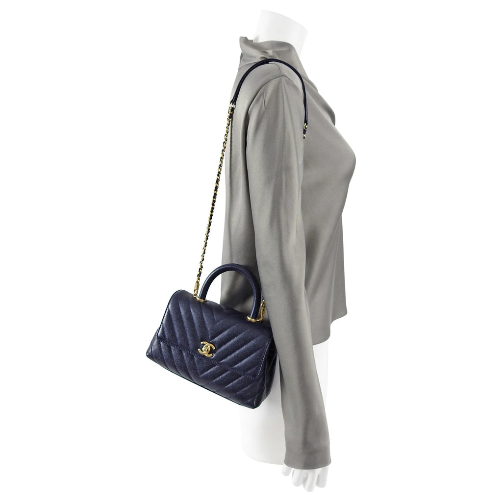 Chanel Navy Caviar Chevron Small Coco Handle Flap Bag