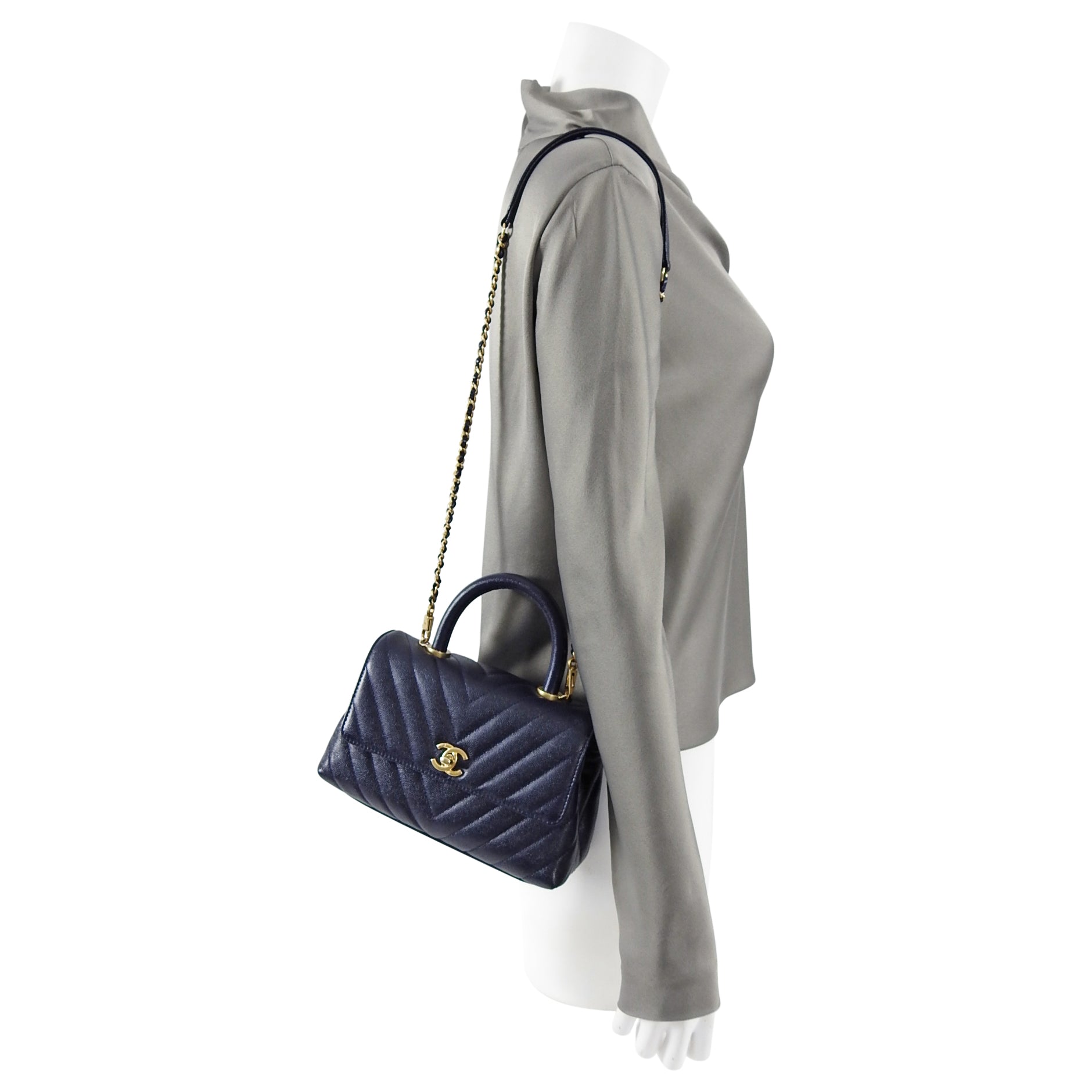 Chanel Navy Caviar Chevron Small Coco Handle Flap Bag