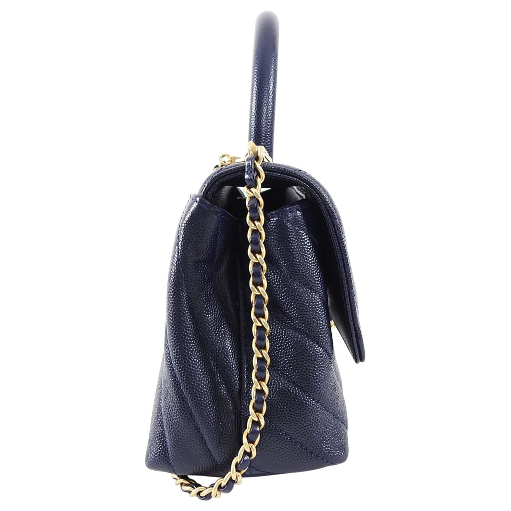 Chanel Navy Caviar Chevron Small Coco Handle Flap Bag