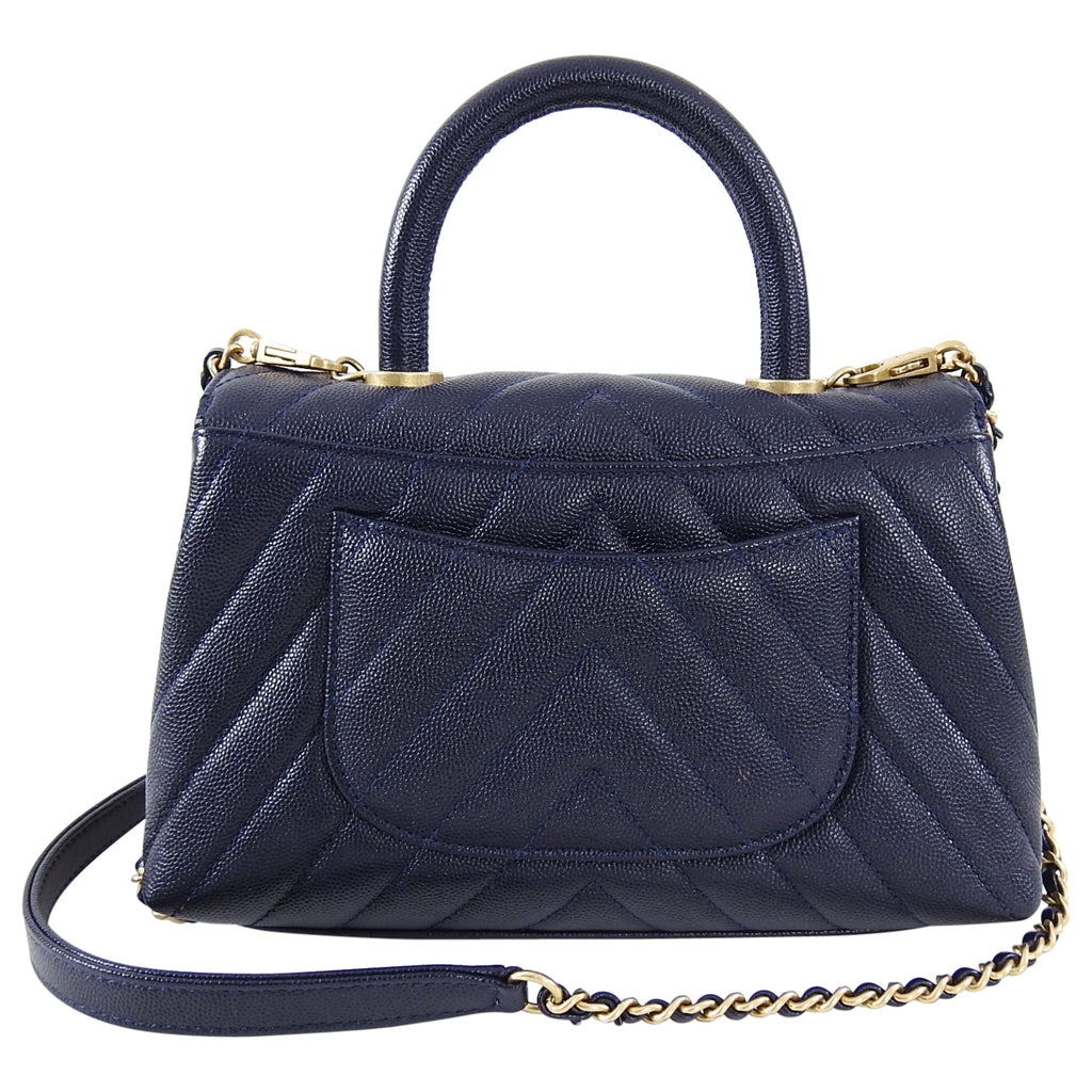 Chanel Navy Caviar Chevron Small Coco Handle Flap Bag