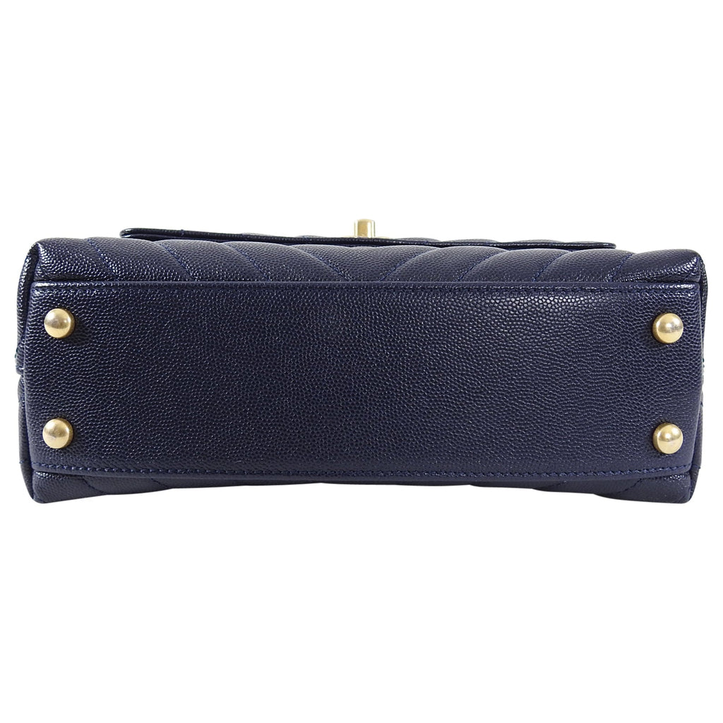 Chanel Navy Caviar Chevron Small Coco Handle Flap Bag