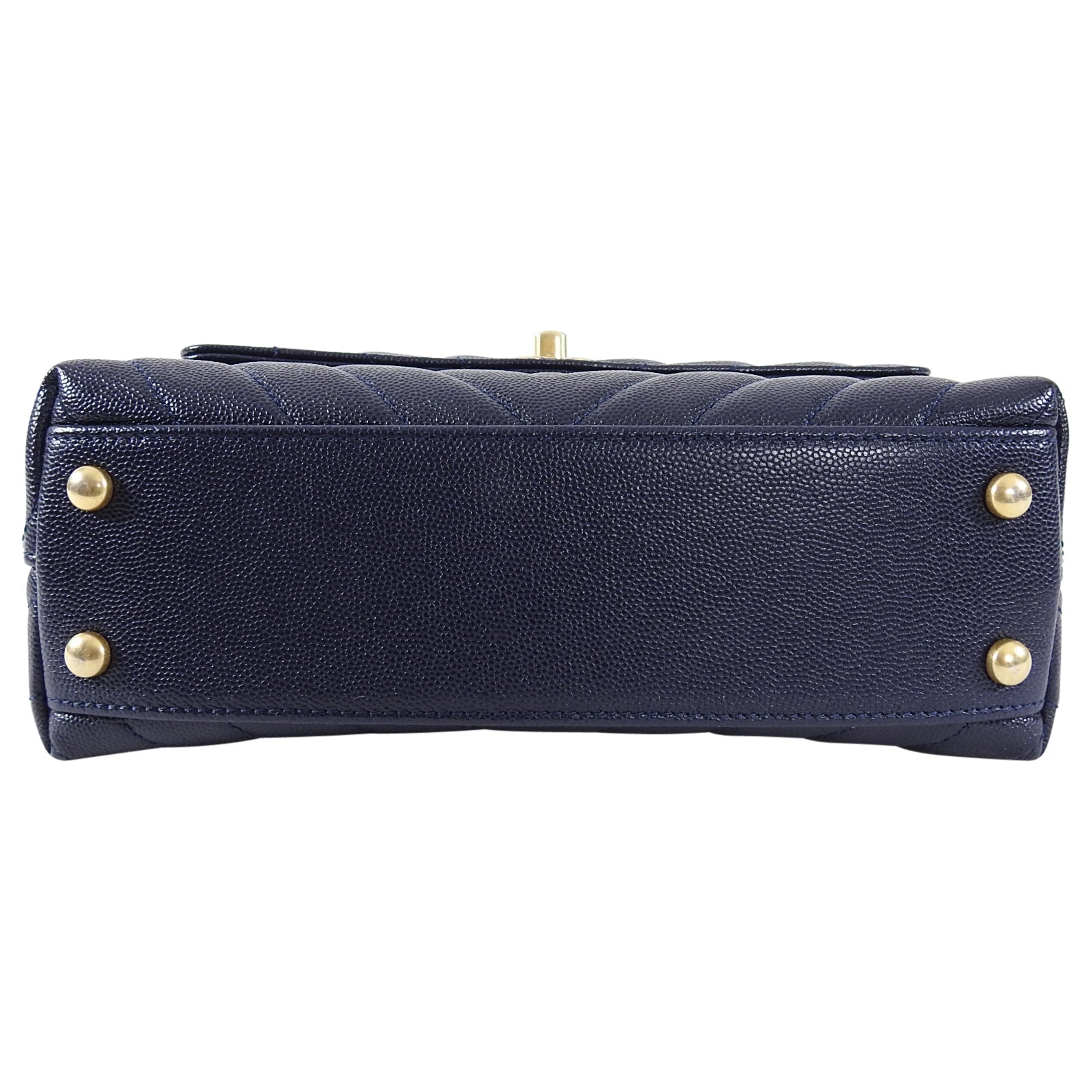 Chanel Navy Caviar Chevron Small Coco Handle Flap Bag