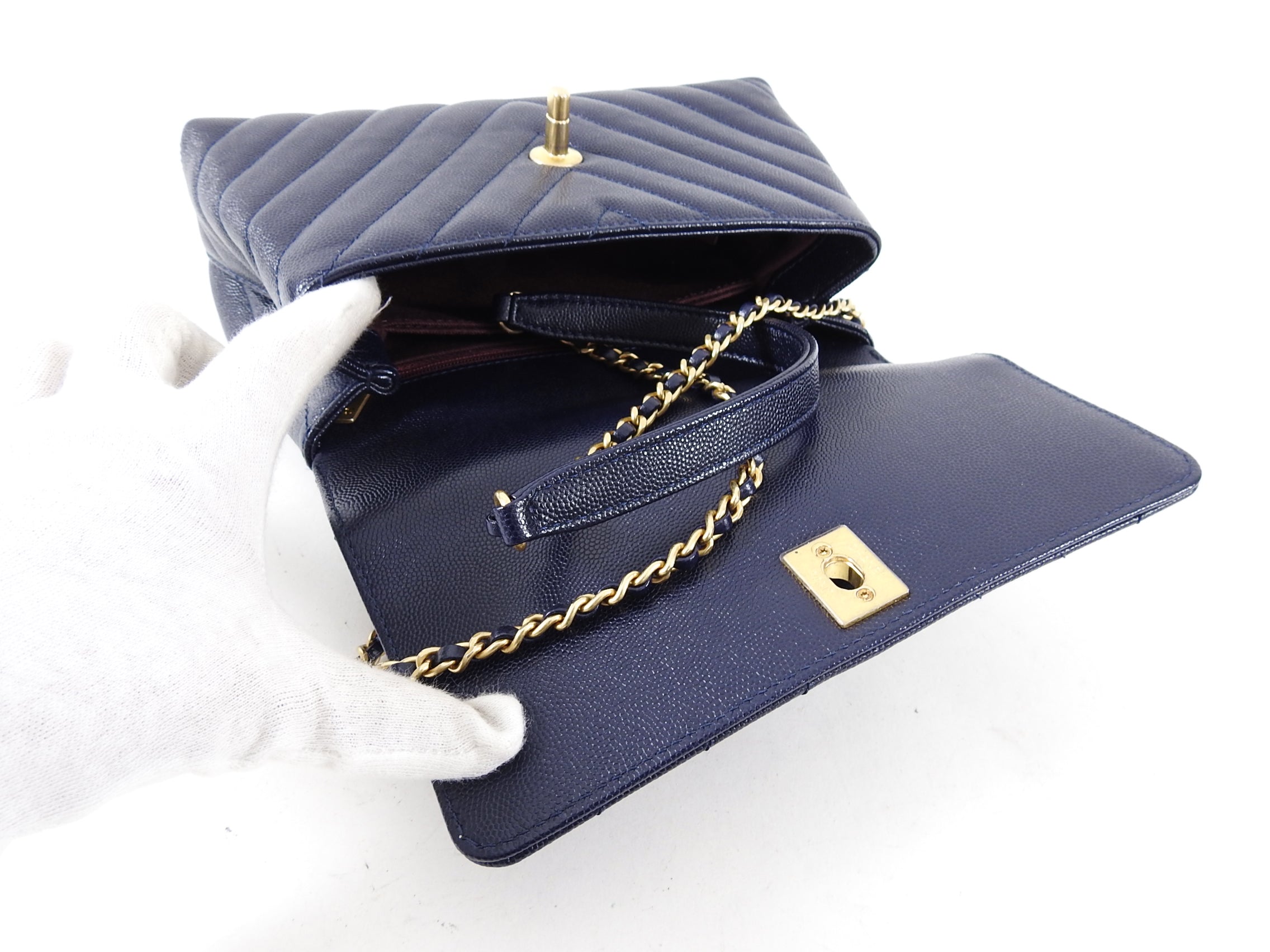 Chanel Navy Caviar Chevron Small Coco Handle Flap Bag