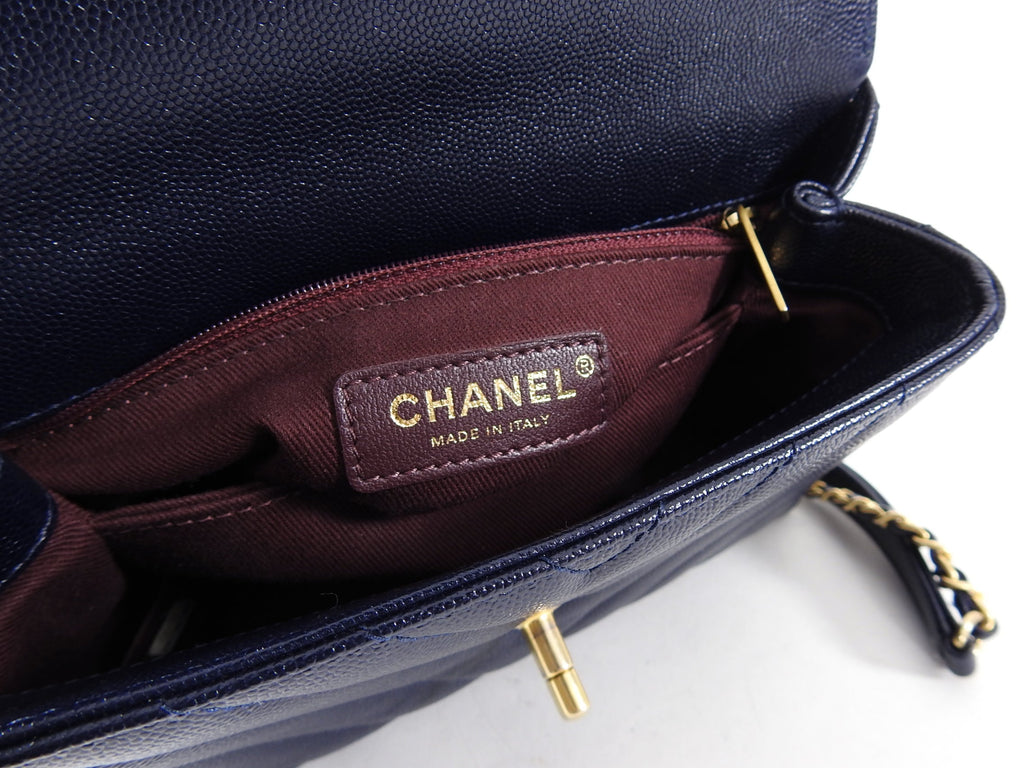 Chanel Navy Caviar Chevron Small Coco Handle Flap Bag