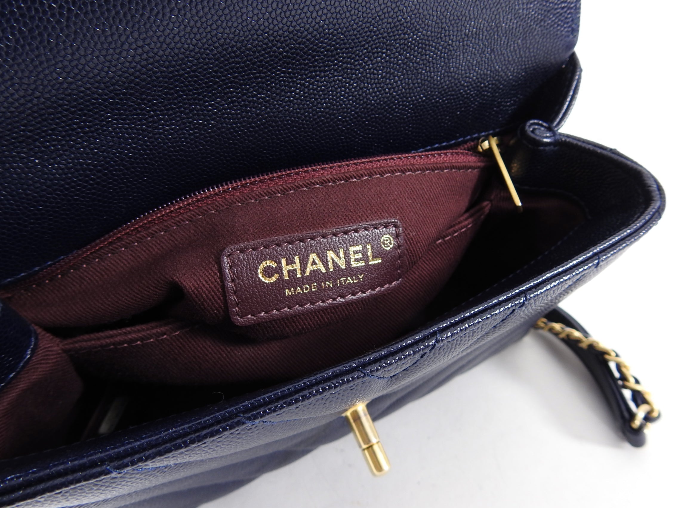 Chanel Navy Caviar Chevron Small Coco Handle Flap Bag