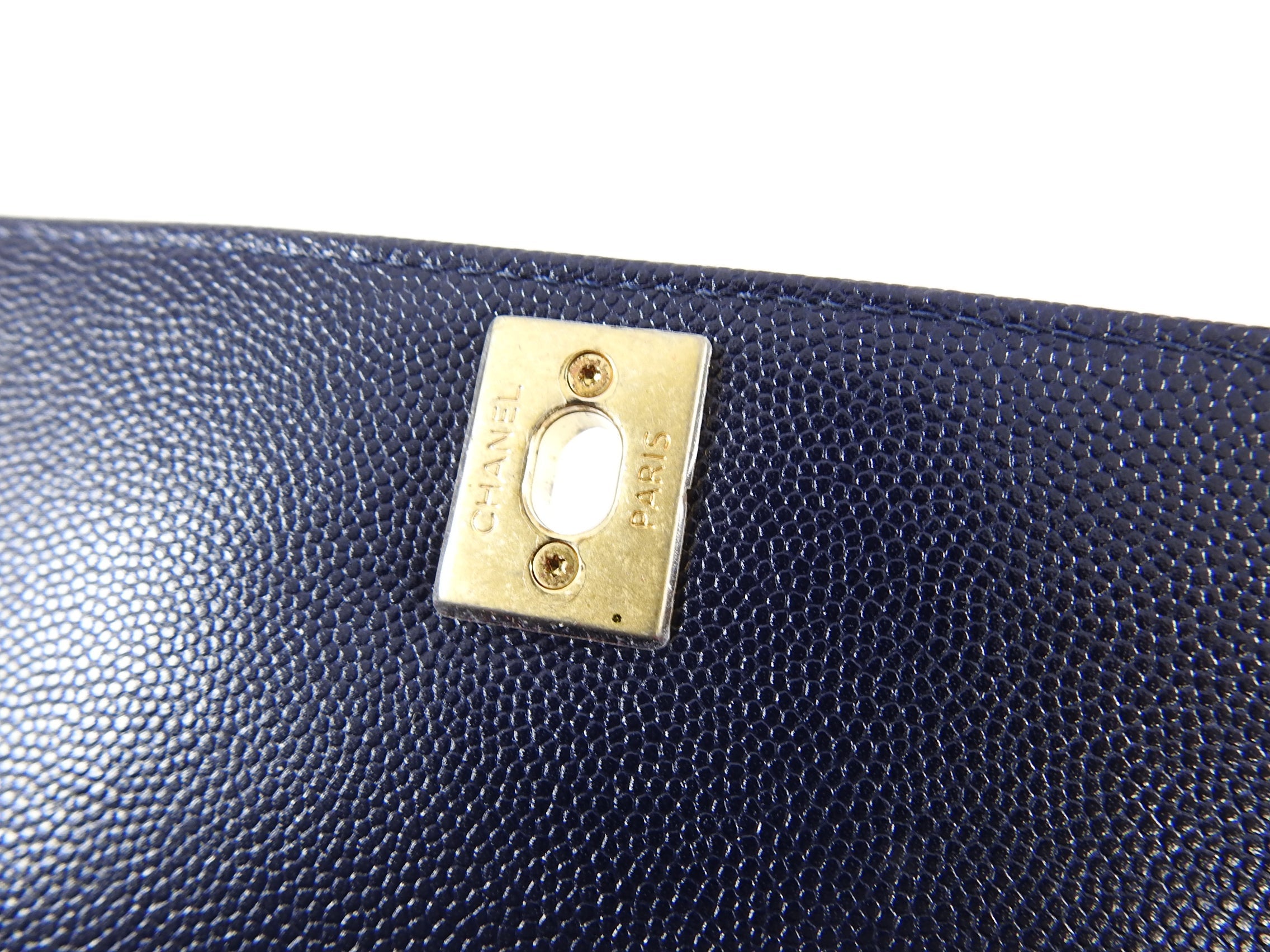 Chanel Navy Caviar Chevron Small Coco Handle Flap Bag