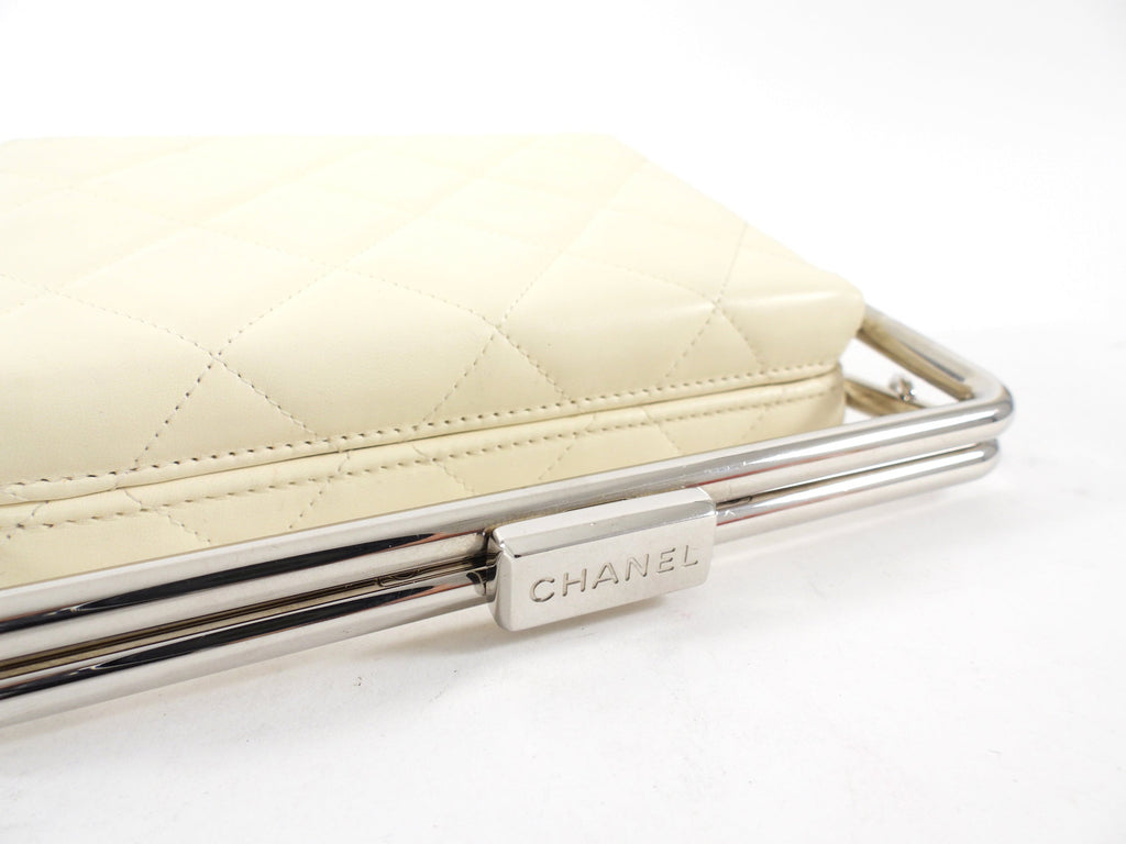 Chanel Cream Quilted Leather Metal Bar Frame Box Bag